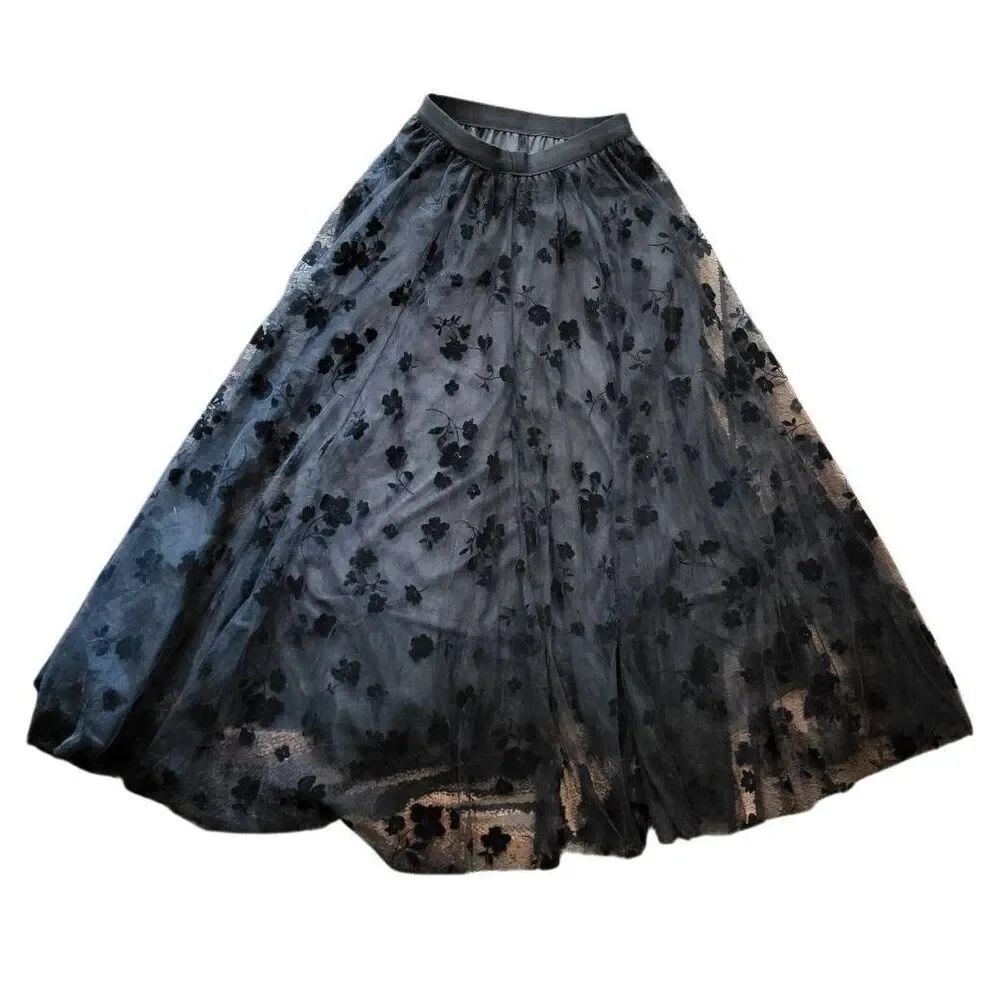 Amazon Skirt Women's XS Black Tulle Flocked Floral Midi Gothic Witchy Dark Fairy
